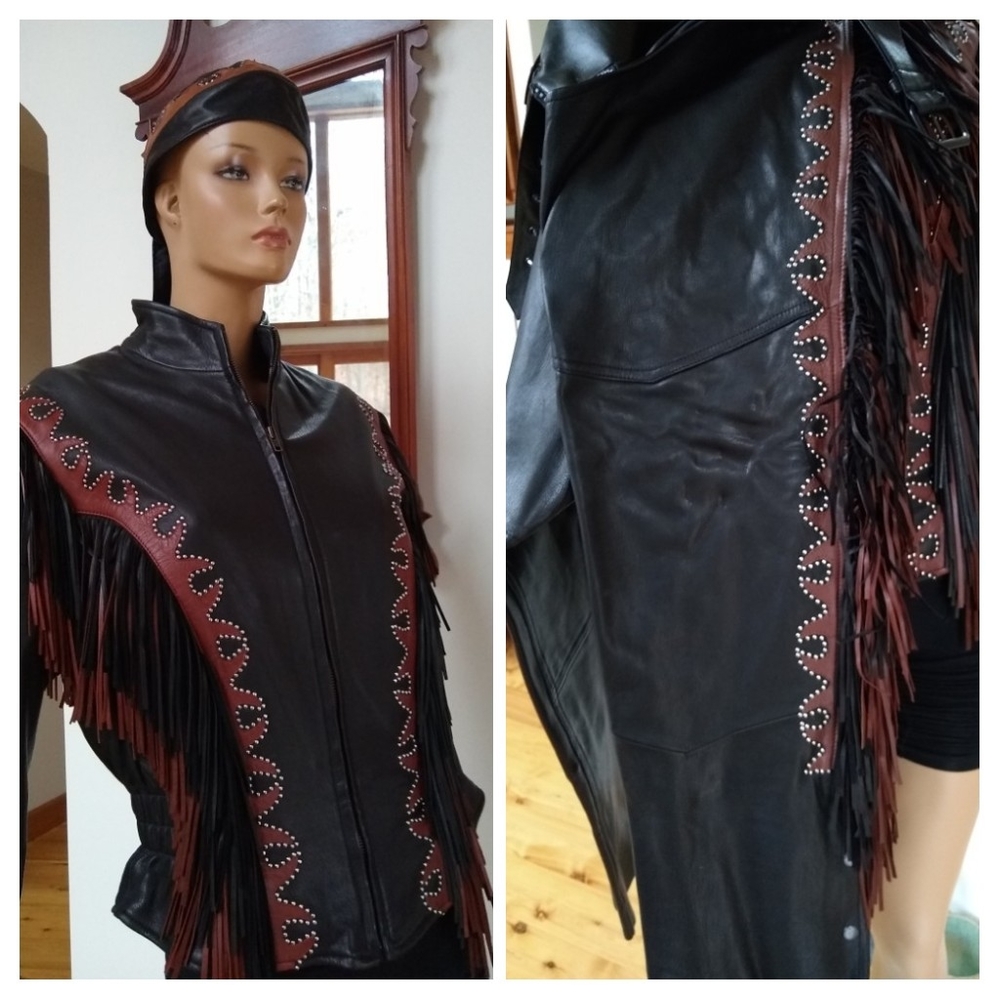 Women's Black and Brown Fringe Leather Jacket